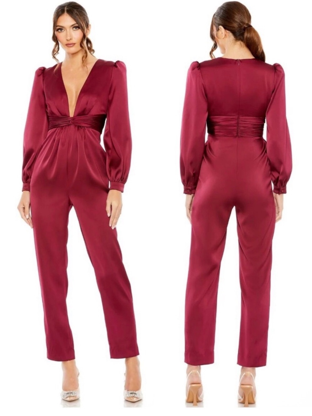 leena Mac Duggal  Twist Puff Sleeve Deep V Jumpsuit 2647 Sz 4 Ruby NWT $398